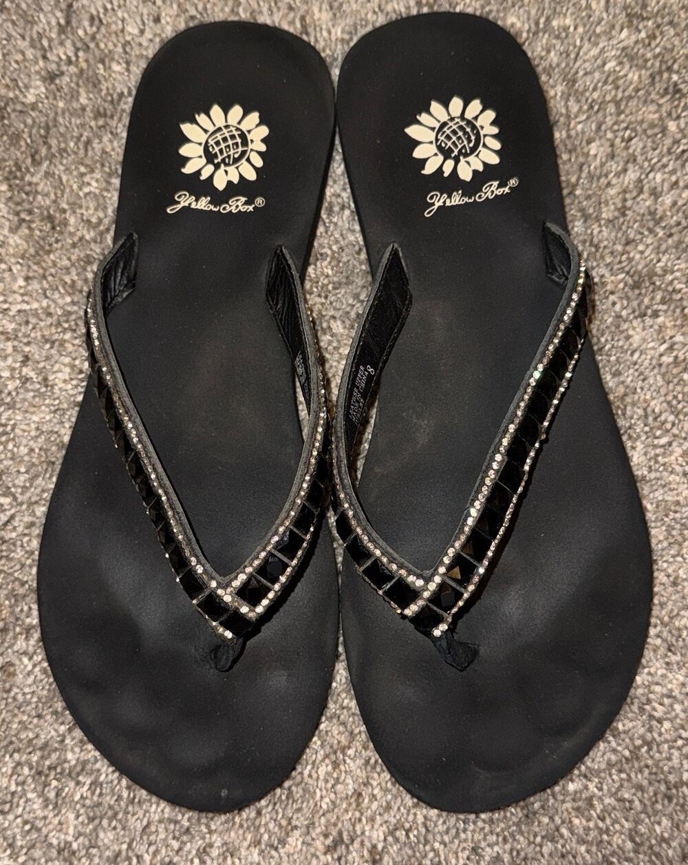 Yellow Box Women’s Jubilee Flip Flops Thong Black Sandals Slide Rhinestone Sz. 8